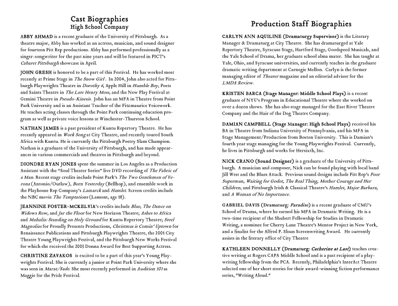 Pages 10 and 11 of the Young Playwrights Playbill