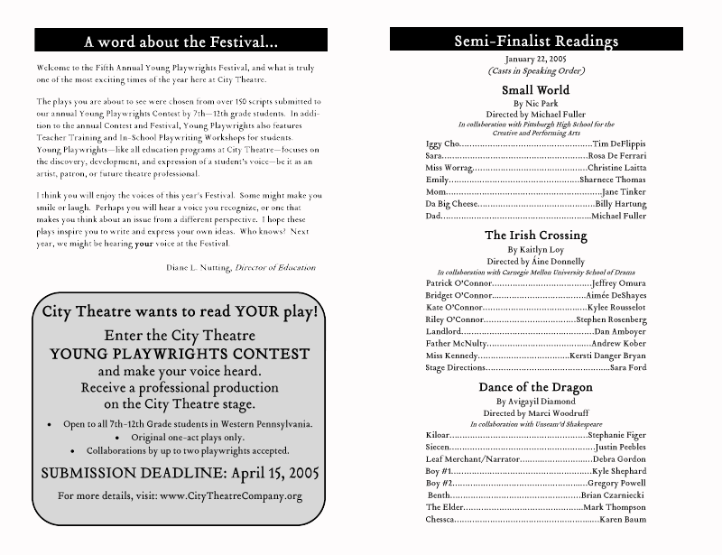 Pages 2 and 3 of the Young Playwrights Playbill
