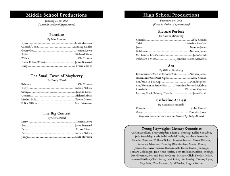 Pages 4 and 5 of the Young Playwrights Playbill