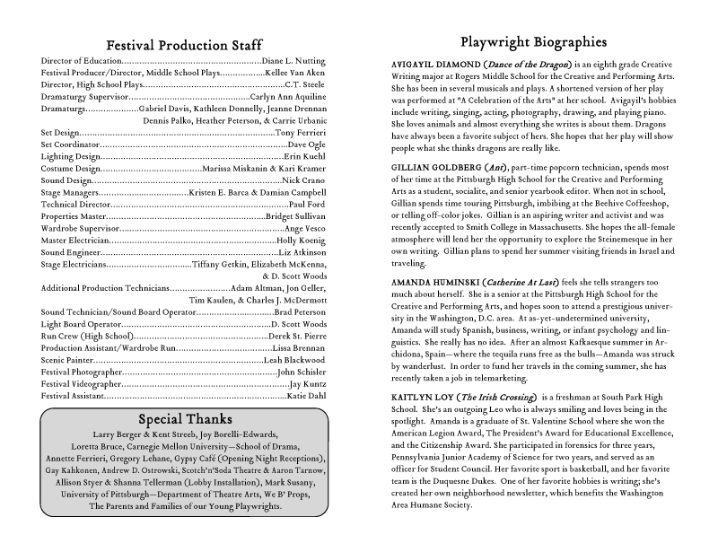 Pages 6 and 7 of the Young Playwrights Playbill